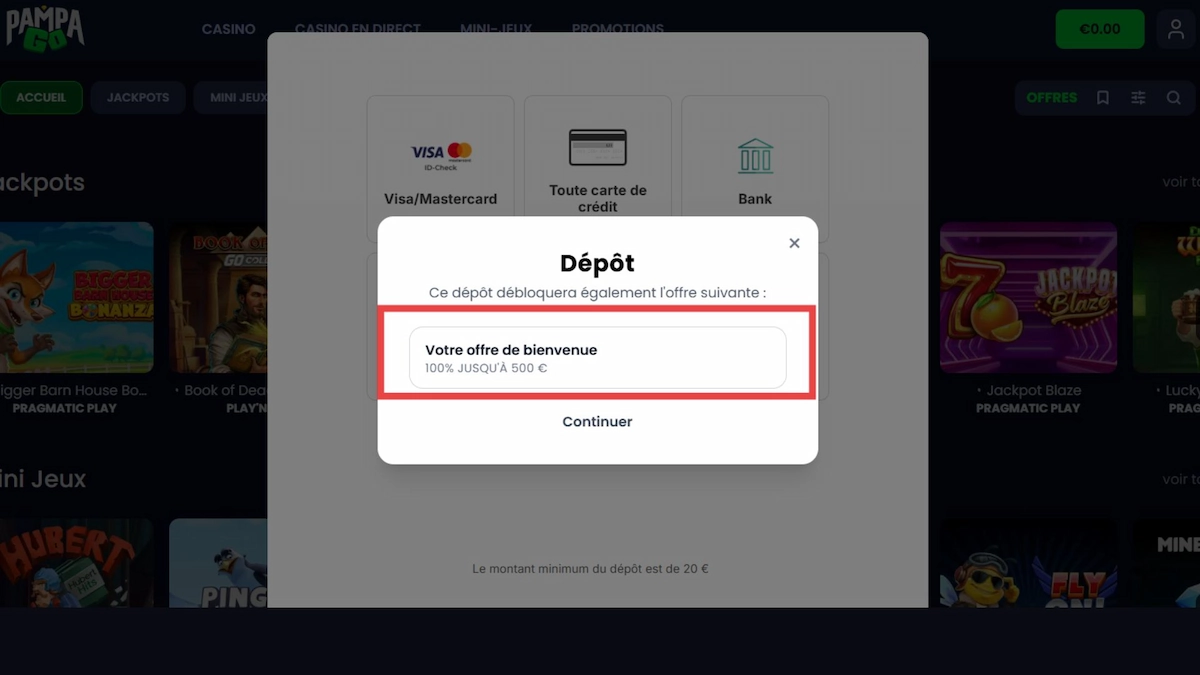 Interface sécurisée pour effectuer un premier dépôt après inscription sur Pampago.